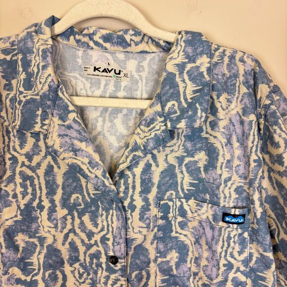 Kavu Men's Blue with Cream and Purple Patterned Button Front Short Sleeve XL - Picture 3 of 4